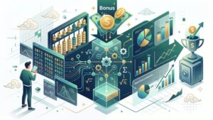 Современная иллюстрация с математическими формулами и золотыми монетами для статьи о приветственных бонусах лотереи