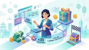 Иллюстрация с математическими формулами и графиками для статьи об отыгрыше приветственного бонуса в лотерее